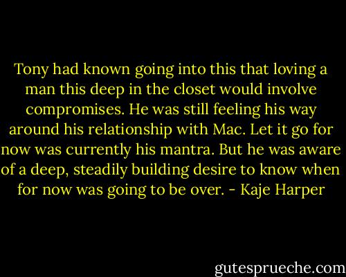 Tony had known going into this that loving a man this deep in the closet would involve compromises. He was still feeling his way around his relationship with Mac. Let it go for now was currently his mantra. But he was aware of a deep, steadily building desire to know when for now was going to be over. - Kaje Harper