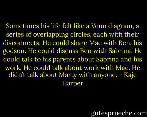 Sometimes his life felt like a Venn diagram, a series of overlapping circles, each with their disconnects. He could share Mac with Ben, his godson. He could discuss Ben with Sabrina. He could talk to his parents about Sabrina and his work. He could talk about work with Mac. He didn’t talk about Marty with anyone. - Kaje Harper