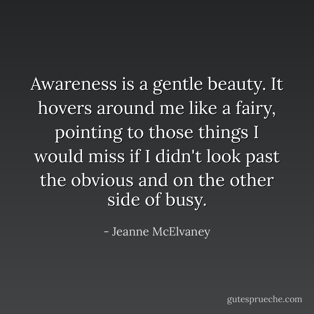 Awareness is a gentle beauty. It hovers around me like a fairy, pointing to those things I would miss if I didn't look past the obvious and on the other side of busy. - Jeanne McElvaney