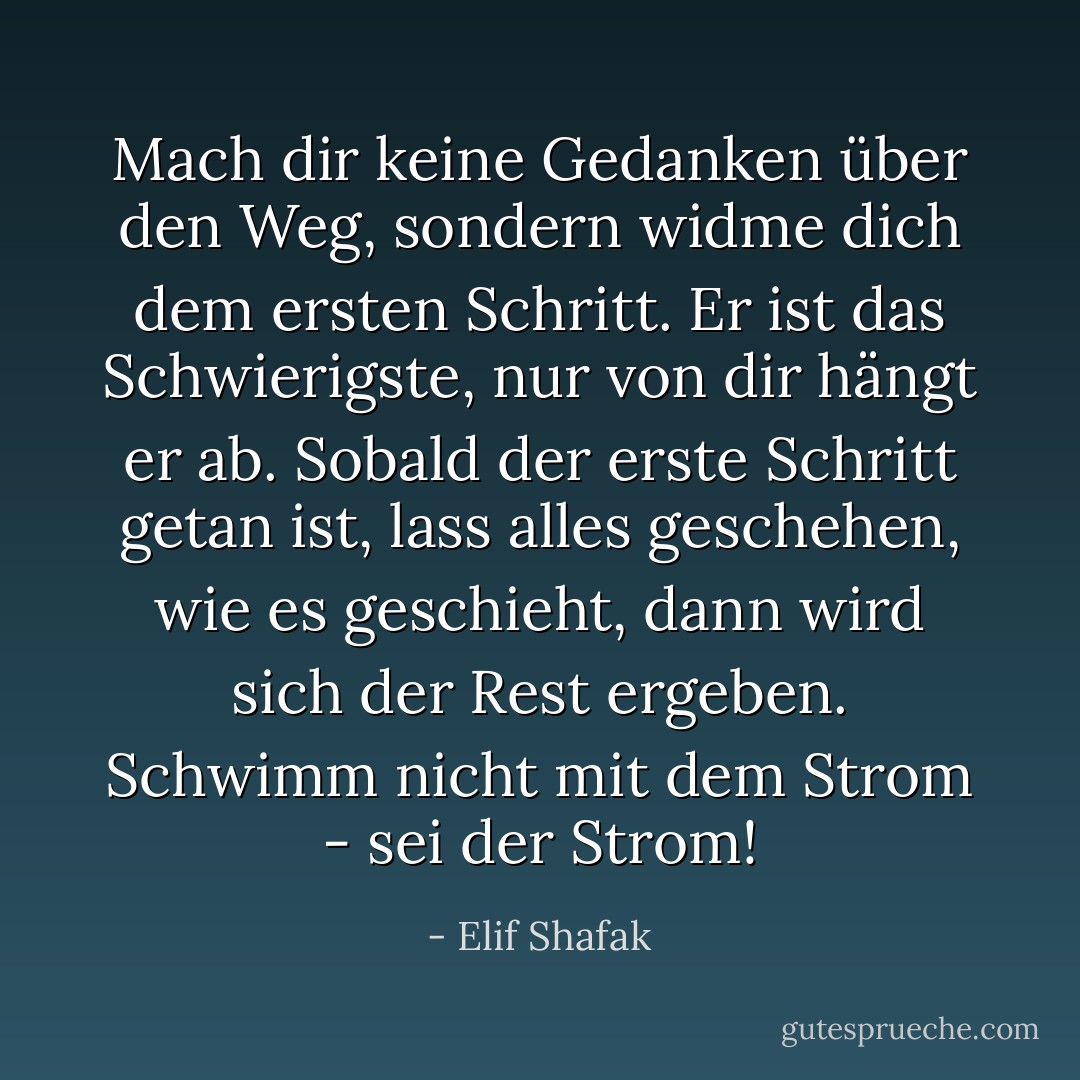Mach dir keine Gedanken über den Weg, sondern widme dich dem ersten Schritt. Er ist das Schwierigste, nur von dir hängt er ab. Sobald der erste Schritt getan ist, lass alles geschehen, wie es geschieht, dann wird sich der Rest ergeben. Schwimm nicht mit dem Strom - sei der Strom! - Elif Shafak