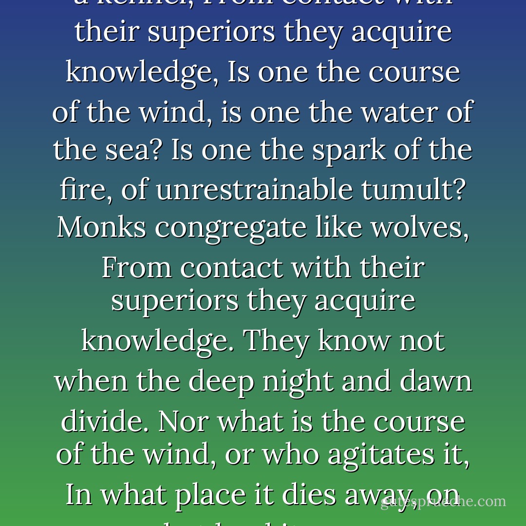 Monks congregate like dogs in a kennel,<br />From contact with their superiors they acquire knowledge,<br />Is one the course of the wind, is one the water of the sea?<br />Is one the spark of the fire, of unrestrainable tumult?<br />Monks congregate like wolves,<br />From contact with their superiors they acquire knowledge.<br />They know not when the deep night and dawn divide.<br />Nor what is the course of the wind, or who agitates it,<br />In what place it dies away, on what land it roars. - Taliesin