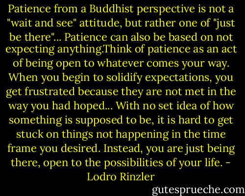 Patience from a Buddhist perspective is not a "wait and see" attitude, but rather one of "just be there"... Patience can also be based on not expecting anything.Think of patience as an act of being open to whatever comes your way. When you begin to solidify expectations, you get frustrated because they are not met in the way you had hoped... With no set idea of how something is supposed to be, it is hard to get stuck on things not happening in the time frame you desired. Instead, you are just being there, open to the possibilities of your life. - Lodro Rinzler