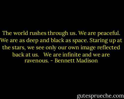 The world rushes through us. We are peaceful. We are as deep and black as space. Staring up at the stars, we see only our own image reflected back at us. <br /><br />We are infinite and we are ravenous. - Bennett Madison
