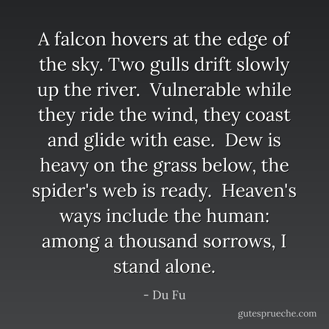 A falcon hovers at the edge of the sky.<br />Two gulls drift slowly up the river.<br /><br />Vulnerable while they ride the wind,<br />they coast and glide with ease.<br /><br />Dew is heavy on the grass below,<br />the spider's web is ready.<br /><br />Heaven's ways include the human:<br />among a thousand sorrows, I stand alone. - Du Fu