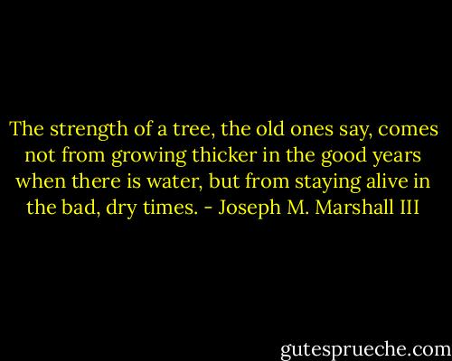 The strength of a tree, the old ones say, comes not from growing thicker in the good years when there is water, but from staying alive in the bad, dry times. - Joseph M. Marshall III