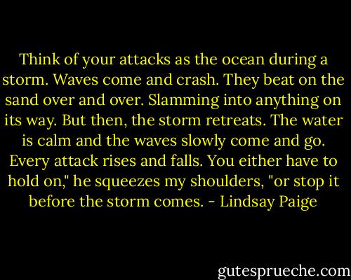 Think of your attacks as the ocean during a storm. Waves come and crash. They beat on the sand over and over. Slamming into anything on its way. But then, the storm retreats. The water is calm and the waves slowly come and go. Every attack rises and falls. You either have to hold on," he squeezes my shoulders, "or stop it before the storm comes. - Lindsay Paige