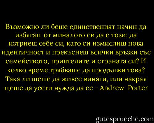 Възможно ли беше единственият начин да избягаш от миналото си да е този: да изтриеш себе си, като си измислиш нова идентичност и прекъснеш всички връзки със семейството, приятелите и страната си? И колко време трябваше да продължи това? Така ли щеше да живее винаги, или накрая щеше да усети нужда да се - Andrew  Porter