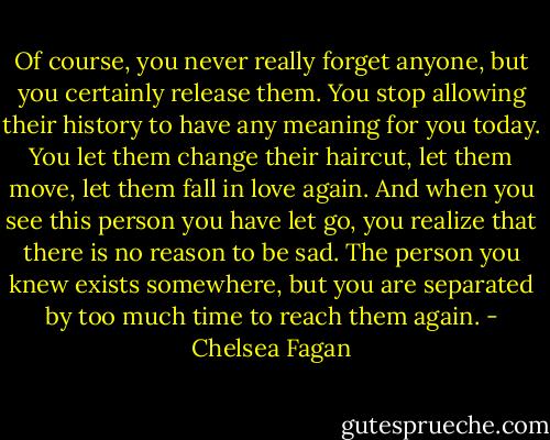 Of course, you never really forget anyone, but you certainly release them. You stop allowing their history to have any meaning for you today. You let them change their haircut, let them move, let them fall in love again. And when you see this person you have let go, you realize that there is no reason to be sad. The person you knew exists somewhere, but you are separated by too much time to reach them again. - Chelsea Fagan