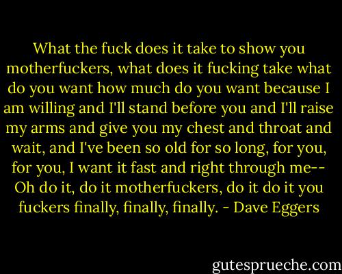 What the fuck does it take to show you motherfuckers, what does it fucking take what do you want how much do you want because I am willing and I'll stand before you and I'll raise my arms and give you my chest and throat and wait, and I've been so old for so long, for you, for you, I want it fast and right through me-- Oh do it, do it motherfuckers, do it do it you fuckers finally, finally, finally. - Dave Eggers