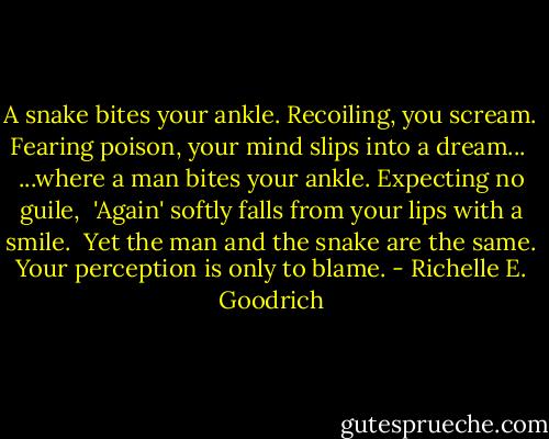 A snake bites your ankle.<br />Recoiling, you scream.<br />Fearing poison, your mind slips into a dream...<br /><br />...where a man bites your ankle.<br />Expecting no guile, <br />'Again' softly falls from your lips with a smile.<br /><br />Yet the man and the snake are the same.<br />Your perception is only to blame. - Richelle E. Goodrich