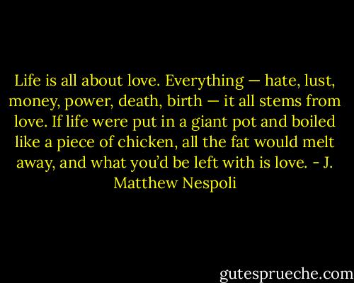 Life is all about love. Everything — hate, lust, money, power, death, birth — it all stems from love. If life were put in a giant pot and boiled like a piece of chicken, all the fat would melt away, and what you’d be left with is love. - J. Matthew Nespoli
