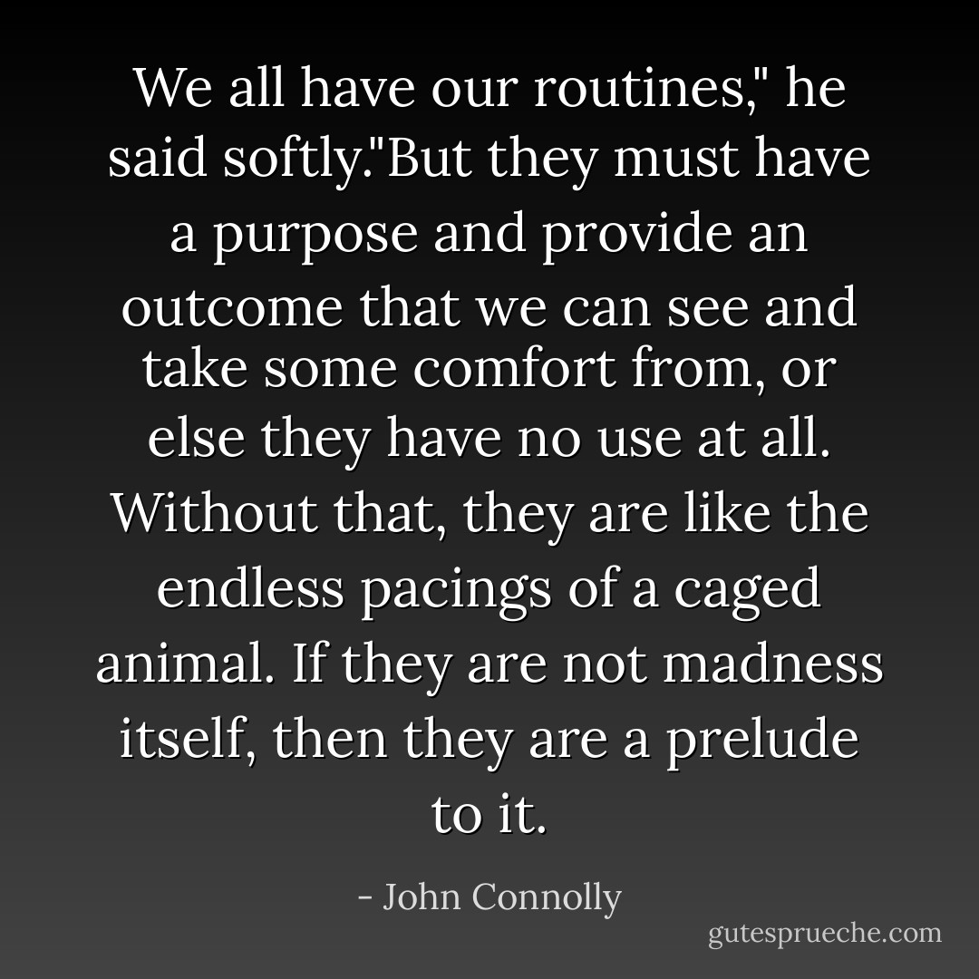 We all have our routines," he said softly."But they must have a purpose and provide an outcome that we can see and take some comfort from, or else they have no use at all. Without that, they are like the endless pacings of a caged animal. If they are not madness itself, then they are a prelude to it. - John Connolly