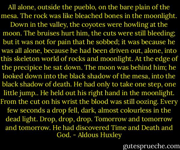 All alone, outside the pueblo, on the bare plain of the mesa. The rock was like bleached bones in the moonlight. Down in the valley, the coyotes were howling at the moon. The bruises hurt him, the cuts were still bleeding; but it was not for pain that he sobbed; it was because he was all alone, because he had been driven out, alone, into this skeleton world of rocks and moonlight. At the edge of the precipice he sat down. The moon was behind him; he looked down into the black shadow of the mesa, into the black shadow of death. He had only to take one step, one little jump.. He held out his right hand in the moonlight. From the cut on his wrist the blood was still oozing. Every few seconds a drop fell, dark, almost colourless in the dead light. Drop, drop, drop. Tomorrow and tomorrow and tomorrow.<br />He had discovered Time and Death and God. - Aldous Huxley
