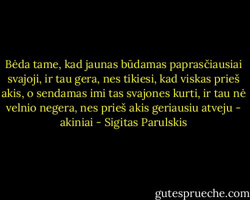 Bėda tame, kad jaunas būdamas paprasčiausiai svajoji, ir tau gera, nes tikiesi, kad viskas prieš akis, o sendamas imi tas svajones kurti, ir tau nė velnio negera, nes prieš akis geriausiu atveju - akiniai - Sigitas Parulskis