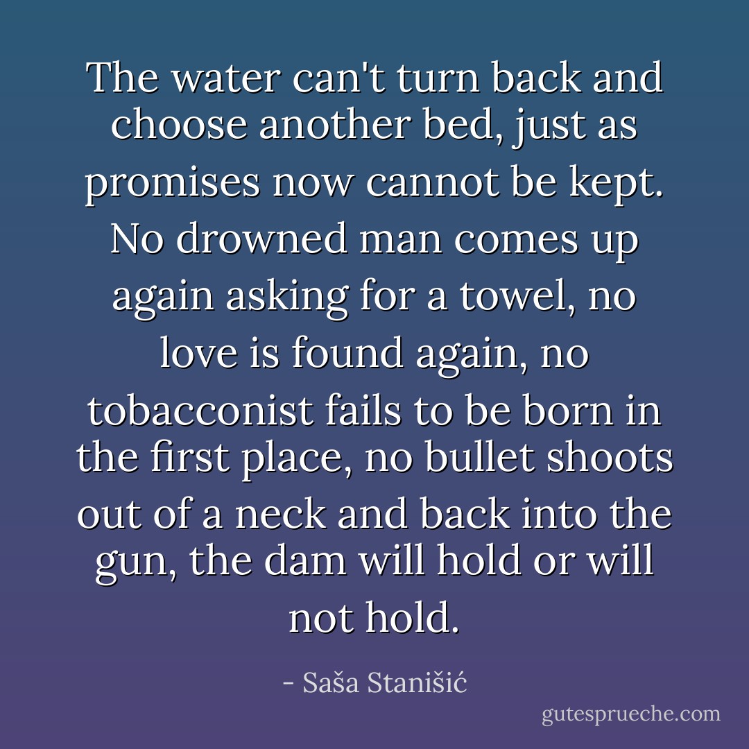 The water can't turn back and choose another bed, just as promises now cannot be kept. No drowned man comes up again asking for a towel, no love is found again, no tobacconist fails to be born in the first place, no bullet shoots out of a neck and back into the gun, the dam will hold or will not hold. - Saša Stanišić