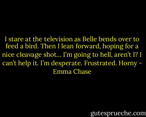 I stare at the television as Belle bends over to feed a bird. Then I lean forward, hoping for a nice cleavage shot…<br />I’m going to hell, aren’t I?<br />I can’t help it. I’m desperate. Frustrated.<br />Horny - Emma Chase