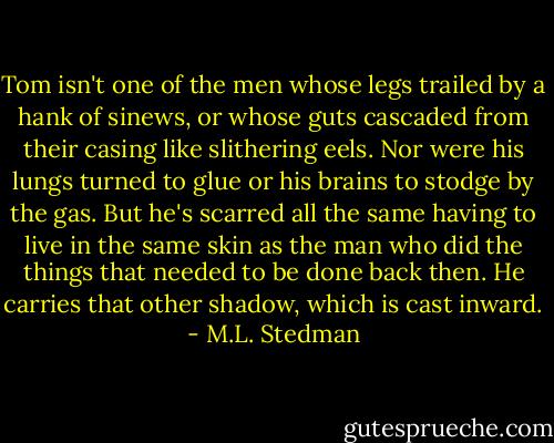 Tom isn't one of the men whose legs trailed by a hank of sinews, or whose guts cascaded from their casing like slithering eels. Nor were his lungs turned to glue or his brains to stodge by the gas. But he's scarred all the same having to live in the same skin as the man who did the things that needed to be done back then. He carries that other shadow, which is cast inward. - M.L. Stedman