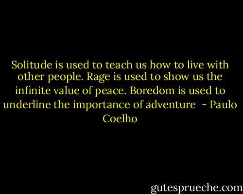 Solitude is used to teach us how to live with other people. Rage is used to show us the infinite value of peace. Boredom is used to underline the importance of adventure  - Paulo Coelho
