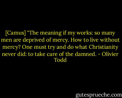 [Camus] "The meaning if my works: so many men are deprived of mercy. How to live without mercy? One must try and do what Christianity never did: to take care of the damned. - Olivier Todd