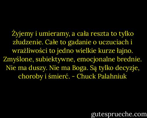 Żyjemy i umieramy, a cała reszta to tylko złudzenie. Całe to gadanie o uczuciach i wrażliwości to jedno wielkie kurze łajno. Zmyślone, subiektywne, emocjonalne brednie. Nie ma duszy. Nie ma Boga. Są tylko decyzje, choroby i śmierć. - Chuck Palahniuk