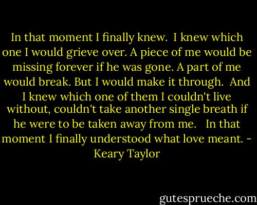 In that moment I finally knew.<br /><br />I knew which one I would grieve over. A piece of me would be missing forever if he was gone. A part of me would break. But I would make it through.<br /><br />And I knew which one of them I couldn't live without, couldn't take another single breath if he were to be taken away from me. <br /><br />In that moment I finally understood what love meant. - Keary Taylor