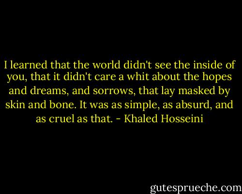 I learned that the world didn't see the inside of you, that it didn't care a whit about the hopes and dreams, and sorrows, that lay masked by skin and bone. It was as simple, as absurd, and as cruel as that. - Khaled Hosseini