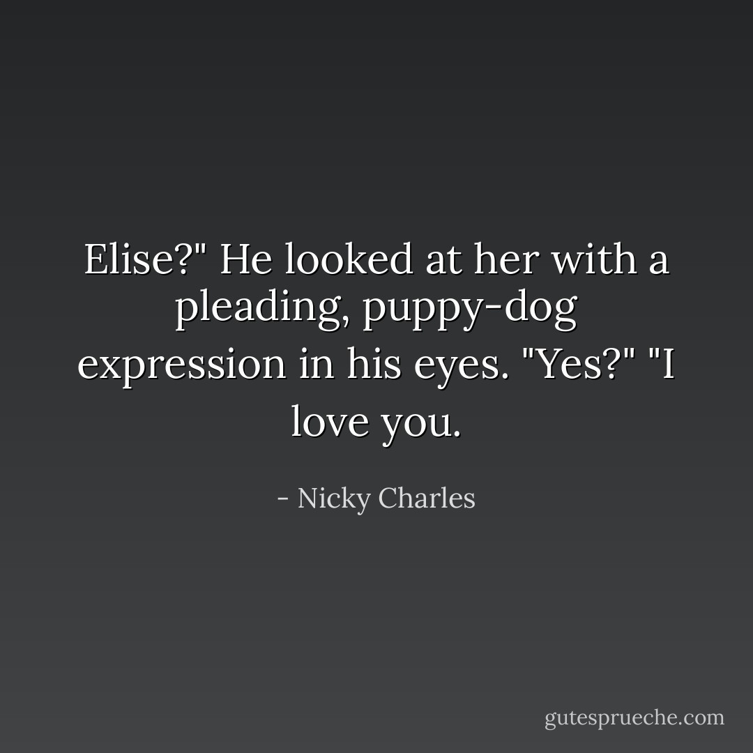 Elise?" He looked at her with a pleading, puppy-dog expression in his eyes.<br />"Yes?"<br />"I love you. - Nicky Charles