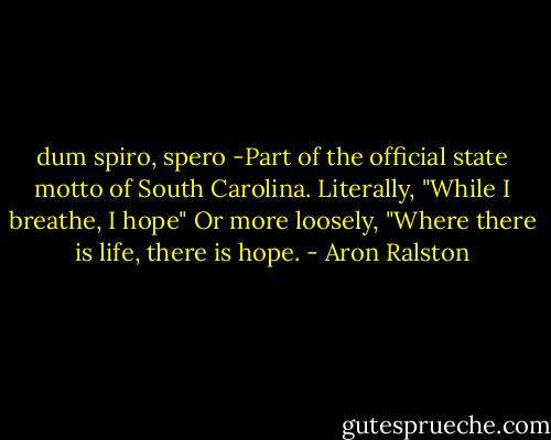 dum spiro, spero<br />-Part of the official state motto of South Carolina. Literally, "While I breathe, I hope" Or more loosely, "Where there is life, there is hope. - Aron Ralston