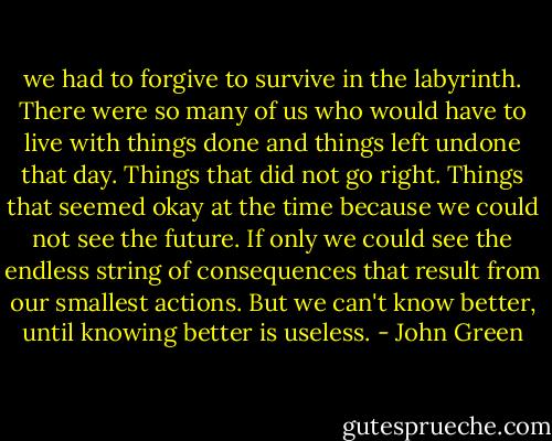 we had to forgive to survive in the labyrinth. There were so many of us who would have to live with things done and things left undone that day. Things that did not go right. Things that seemed okay at the time because we could not see the future. If only we could see the endless string of consequences that result from our smallest actions. But we can't know better, until knowing better is useless. - John Green