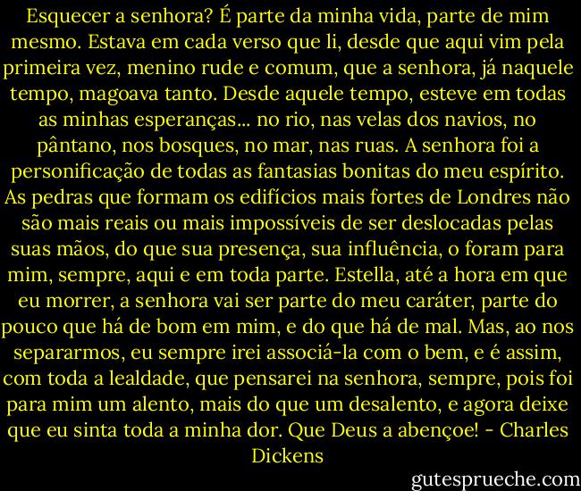 Esquecer a senhora? É parte da minha vida, parte de mim mesmo. Estava em cada verso que li, desde que aqui vim pela primeira vez, menino rude e comum, que a senhora, já naquele tempo, magoava tanto. Desde aquele tempo, esteve em todas as minhas esperanças... no rio, nas velas dos navios, no pântano, nos bosques, no mar, nas ruas. A senhora foi a personificação de todas as fantasias bonitas do meu espírito. As pedras que formam os edifícios mais fortes de Londres não são mais reais ou mais impossíveis de ser deslocadas pelas suas mãos, do que sua presença, sua influência, o foram para mim, sempre, aqui e em toda parte. Estella, até a hora em que eu morrer, a senhora vai ser parte do meu caráter, parte do pouco que há de bom em mim, e do que há de mal. Mas, ao nos separarmos, eu sempre irei associá-la com o bem, e é assim, com toda a lealdade, que pensarei na senhora, sempre, pois foi para mim um alento, mais do que um desalento, e agora deixe que eu sinta toda a minha dor. Que Deus a abençoe! - Charles Dickens