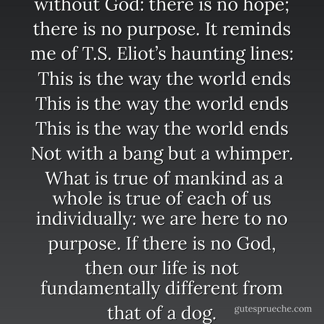 This is reality in a universe without God: there is no hope; there is no purpose. It reminds me of T.S. Eliot’s haunting lines:<br /><br />This is the way the world ends<br />This is the way the world ends<br />This is the way the world ends<br />Not with a bang but a whimper.<br /><br />What is true of mankind as a whole is true of each of us individually: we are here to no purpose. If there is no God, then our life is not fundamentally different from that of a dog. - William Lane Craig