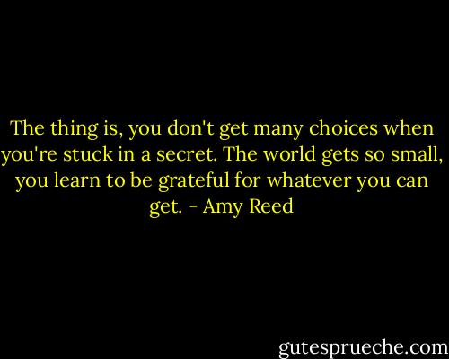 The thing is, you don't get many choices when you're stuck in a secret. The world gets so small, you learn to be grateful for whatever you can get. - Amy Reed