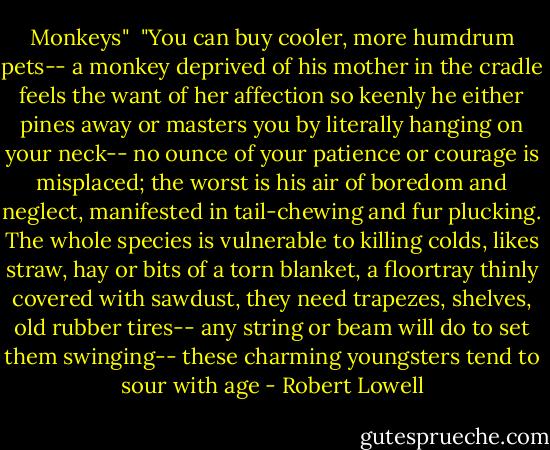 Monkeys"<br /><br />"You can buy cooler, more humdrum pets--<br />a monkey deprived of his mother in the cradle<br />feels the want of her affection so keenly<br />he either pines away or masters you<br />by literally hanging on your neck--<br />no ounce of your patience or courage is misplaced;<br />the worst is his air of boredom and neglect,<br />manifested in tail-chewing and fur plucking.<br />The whole species is vulnerable to killing colds,<br />likes straw, hay or bits of a torn blanket,<br />a floortray thinly covered with sawdust,<br />they need trapezes, shelves, old rubber tires--<br />any string or beam will do to set them swinging--<br />these charming youngsters tend to sour with age - Robert Lowell