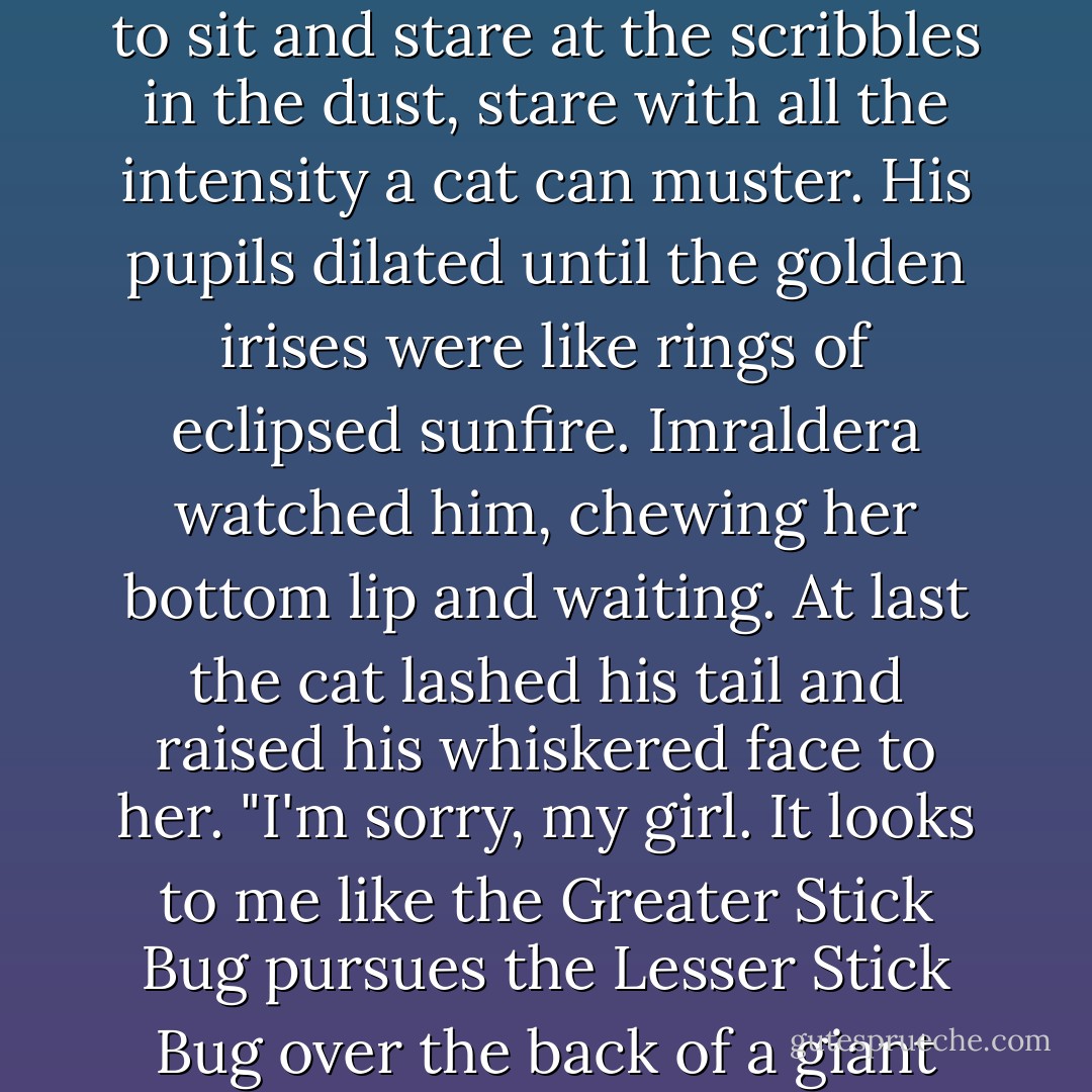 Her eyes pleaded with him to understand, to try. Under that gaze, Eanrin had no option but to sit and stare at the scribbles in the dust, stare with all the intensity a cat can muster. His pupils dilated until the golden irises were like rings of eclipsed sunfire. Imraldera watched him, chewing her bottom lip and waiting.<br />At last the cat lashed his tail and raised his whiskered face to her. "I'm sorry, my girl. It looks to me like the Greater Stick Bug pursues the Lesser Stick Bug over the back of a giant alligator. Can't make a thing of it otherwise. - Anne Elisabeth Stengl