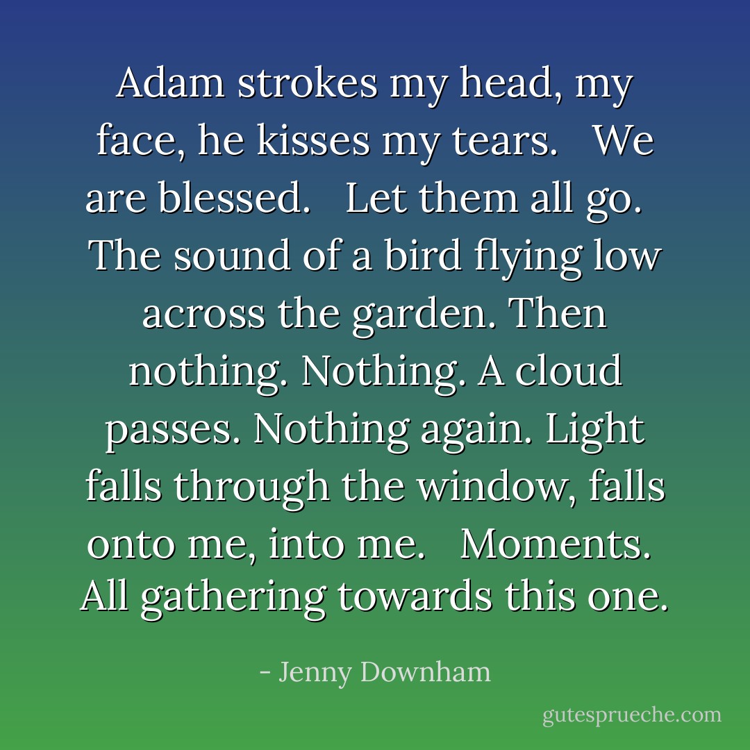Adam strokes my head, my face, he kisses my tears. <br /><br />We are blessed.<br /><br /><br />Let them all go.<br /><br /><br />The sound of a bird flying low across the garden. Then nothing. Nothing. A cloud passes. Nothing again. Light falls through the window, falls onto me, into me. <br /><br />Moments.<br /><br />All gathering towards this one. - Jenny Downham