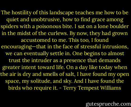 The hostility of this landscape teaches me how to be quiet and unobtrusive, how to find grace among spiders with a poisonous bite. I sat on a lone boulder in the midst of the curlews. By now, they had grown accustomed to me. This too, I found encouraging—that in the face of stressful intrusions, we can eventually settle in. One begins to almost trust the intruder as a presence that demands greater intent toward life. On a day like today when the air is dry and smells of salt, I have found my open space, my solitude, and sky. And I have found the birds who require it. - Terry Tempest Williams