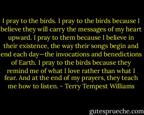 I pray to the birds. I pray to the birds because I believe they will carry the messages of my heart upward. I pray to them because I believe in their existence, the way their songs begin and end each day—the invocations and benedictions of Earth. I pray to the birds because they remind me of what I love rather than what I fear. And at the end of my prayers, they teach me how to listen. - Terry Tempest Williams