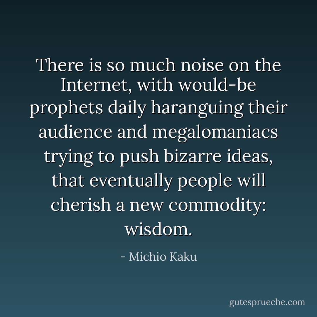There is so much noise on the Internet, with would-be prophets daily haranguing their audience and megalomaniacs trying to push bizarre ideas, that eventually people will cherish a new commodity: wisdom. - Michio Kaku
