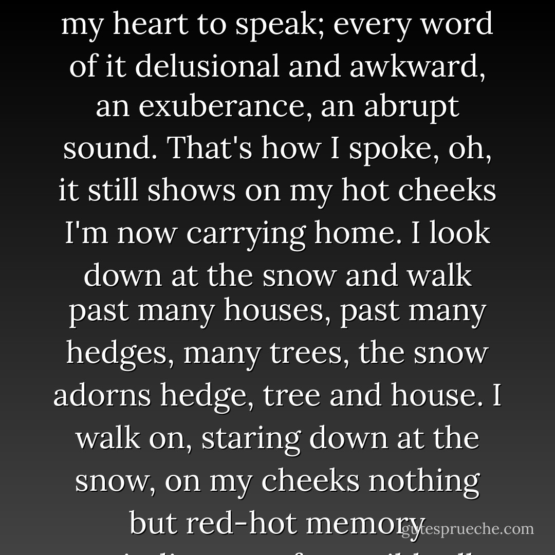 My cheeks are red hot,<br />my lip still trembles,<br />because I sent my heart<br />to speak; every word of it<br />delusional and awkward,<br />an exuberance, an abrupt sound.<br />That's how I spoke, oh, it still<br />shows on my hot cheeks<br />I'm now carrying home.<br />I look down at the snow<br />and walk past many houses,<br />past many hedges, many trees,<br />the snow adorns hedge, tree and house.<br />I walk on, staring down<br />at the snow, on my cheeks<br />nothing but red-hot memory<br />reminding me of my wild talk. - Robert Walser