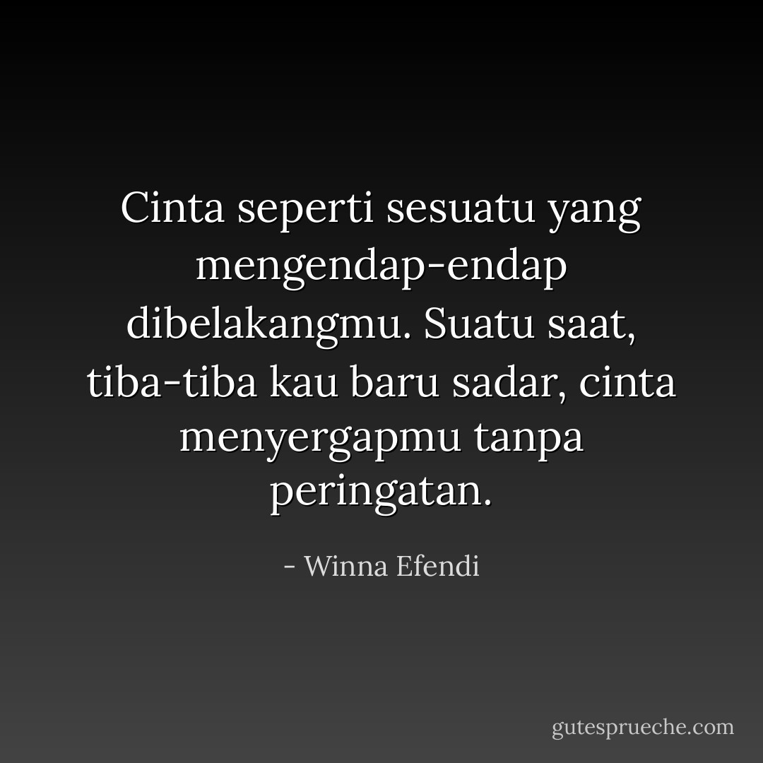 Cinta seperti sesuatu yang mengendap-endap dibelakangmu. Suatu saat, tiba-tiba kau baru sadar, cinta menyergapmu tanpa peringatan. - Winna Efendi