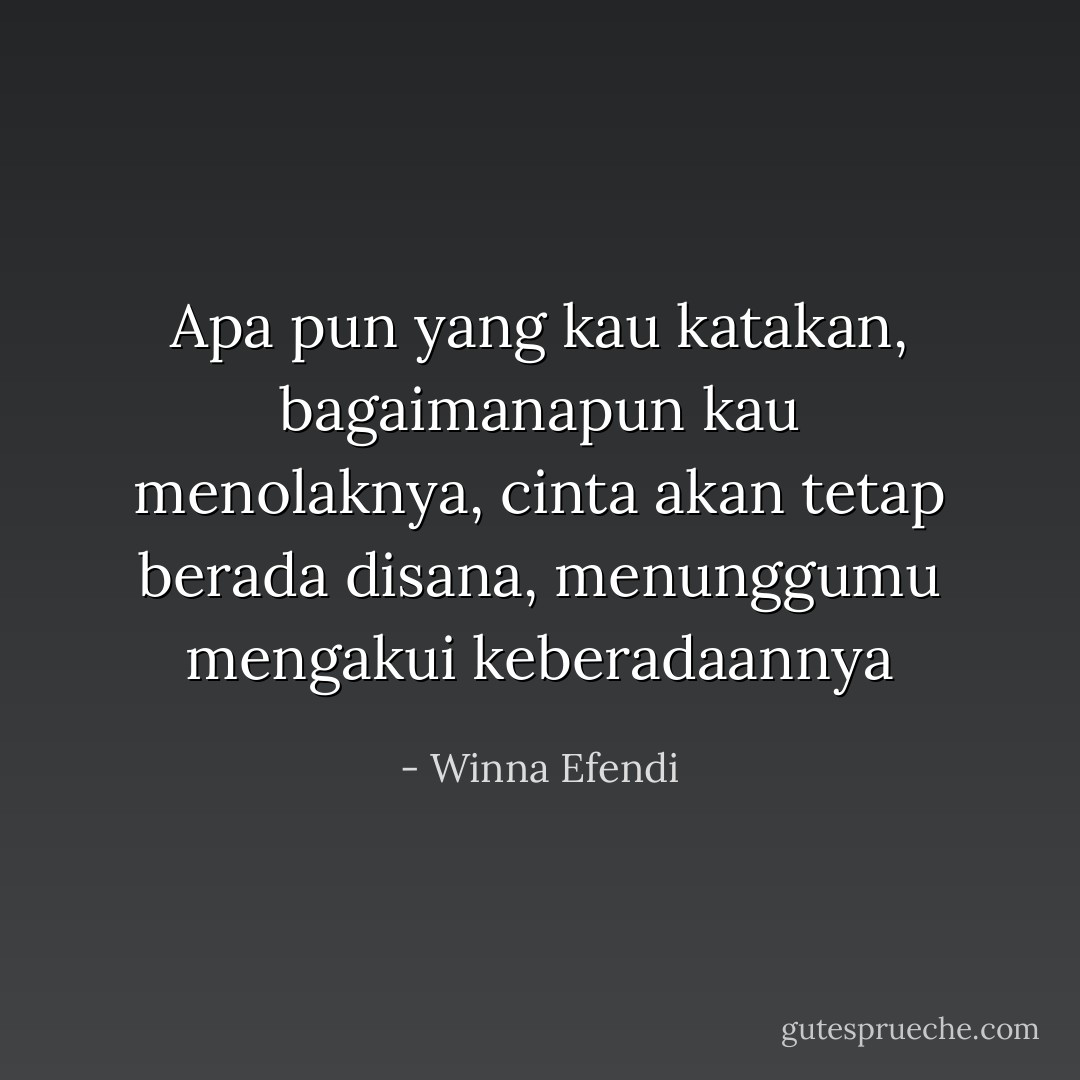 Apa pun yang kau katakan, bagaimanapun kau menolaknya, cinta akan tetap berada disana, menunggumu mengakui keberadaannya - Winna Efendi