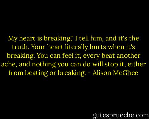 My heart is breaking," I tell him, and it's the truth. Your heart literally hurts when it's breaking. You can feel it, every beat another ache, and nothing you can do will stop it, either from beating or breaking. - Alison McGhee
