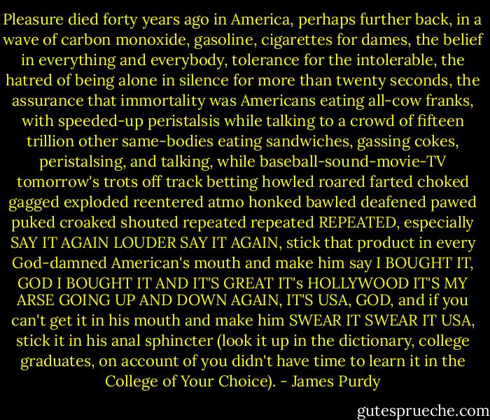 Pleasure died forty years ago in America, perhaps further back, in a wave of carbon monoxide, gasoline, cigarettes for dames, the belief in everything and everybody, tolerance for the intolerable, the hatred of being alone in silence for more than twenty seconds, the assurance that immortality was Americans eating all-cow franks, with speeded-up peristalsis while talking to a crowd of fifteen trillion other same-bodies eating sandwiches, gassing cokes, peristalsing, and talking, while baseball-sound-movie-TV tomorrow's trots off track betting howled roared farted choked gagged exploded reentered atmo honked bawled deafened pawed puked croaked shouted repeated repeated REPEATED, especially SAY IT AGAIN LOUDER SAY IT AGAIN, stick that product in every God-damned American's mouth and make him say I BOUGHT IT, GOD I BOUGHT IT AND IT'S GREAT IT's HOLLYWOOD IT'S MY ARSE GOING UP AND DOWN AGAIN, IT'S USA, GOD, and if you can't get it in his mouth and make him SWEAR IT SWEAR IT USA, stick it in his anal sphincter (look it up in the dictionary, college graduates, on account of you didn't have time to learn it in the College of Your Choice). - James Purdy