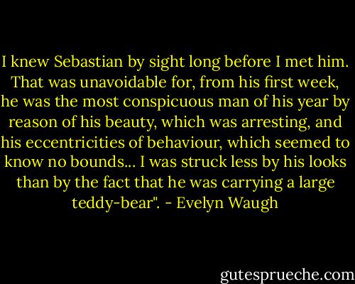 I knew Sebastian by sight long before I met him. That was unavoidable for, from his first week, he was the most conspicuous man of his year by reason of his beauty, which was arresting, and his eccentricities of behaviour, which seemed to know no bounds... I was struck less by his looks than by the fact that he was carrying a large teddy-bear". - Evelyn Waugh