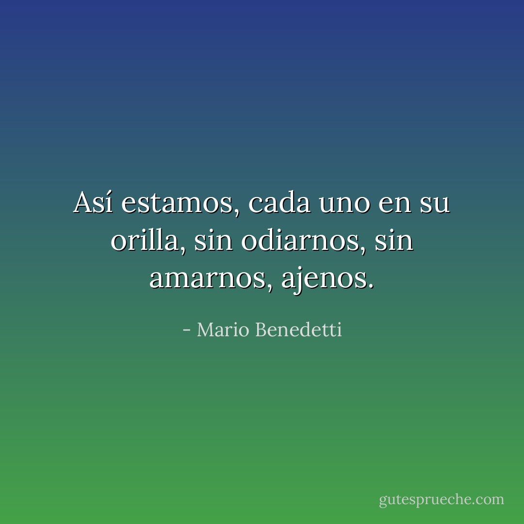 Así estamos, cada uno en su orilla, sin odiarnos, sin amarnos, ajenos. - Mario Benedetti