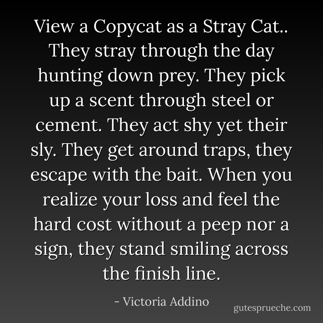 View a Copycat as a Stray Cat.. They stray through the day hunting down prey. They pick up a scent through steel or cement. They act shy yet their sly. They get around traps, they escape with the bait. When you realize your loss and feel the hard cost without a peep nor a sign, they stand smiling across the finish line. - Victoria Addino
