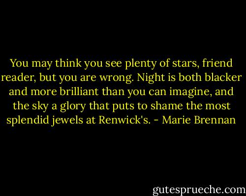 You may think you see plenty of stars, friend reader, but you are wrong. Night is both blacker and more brilliant than you can imagine, and the sky a glory that puts to shame the most splendid jewels at Renwick's. - Marie Brennan