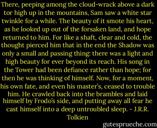 There, peeping among the cloud-wrack above a dark tor high up in the mountains, Sam saw a white star twinkle for a while. The beauty of it smote his heart, as he looked up out of the forsaken land, and hope returned to him. For like a shaft, clear and cold, the thought pierced him that in the end the Shadow was only a small and passing thing: there was a light and high beauty for ever beyond its reach. His song in the Tower had been defiance rather than hope; for then he was thinking of himself. Now, for a moment, his own fate, and even his master’s, ceased to trouble him. He crawled back into the brambles and laid himself by Frodo’s side, and putting away all fear he cast himself into a deep untroubled sleep. - J.R.R. Tolkien