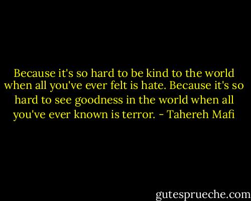 Because it's so hard to be kind to the world when all you've ever felt is hate. Because it's so hard to see goodness in the world when all you've ever known is terror. - Tahereh Mafi