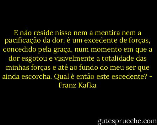 E não reside nisso nem a mentira nem a pacificação da dor, é um excedente de forças, concedido pela graça, num momento em que a dor esgotou e visivelmente a totalidade das minhas forças e até ao fundo do meu ser que ainda escorcha. Qual é então este escedente? - Franz Kafka